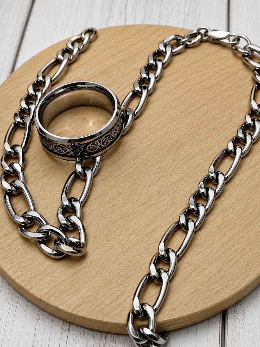 Silver Chunky Chain Link Necklace with Celtic Tungsten Ring